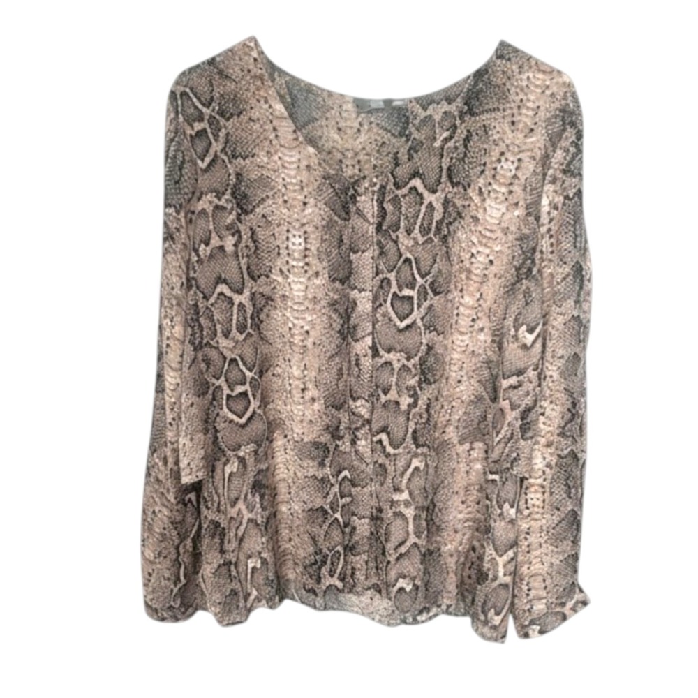 NY Collection Womens Blouse L Tan Gray Snakeskin Mobwife Dressy Casual Office